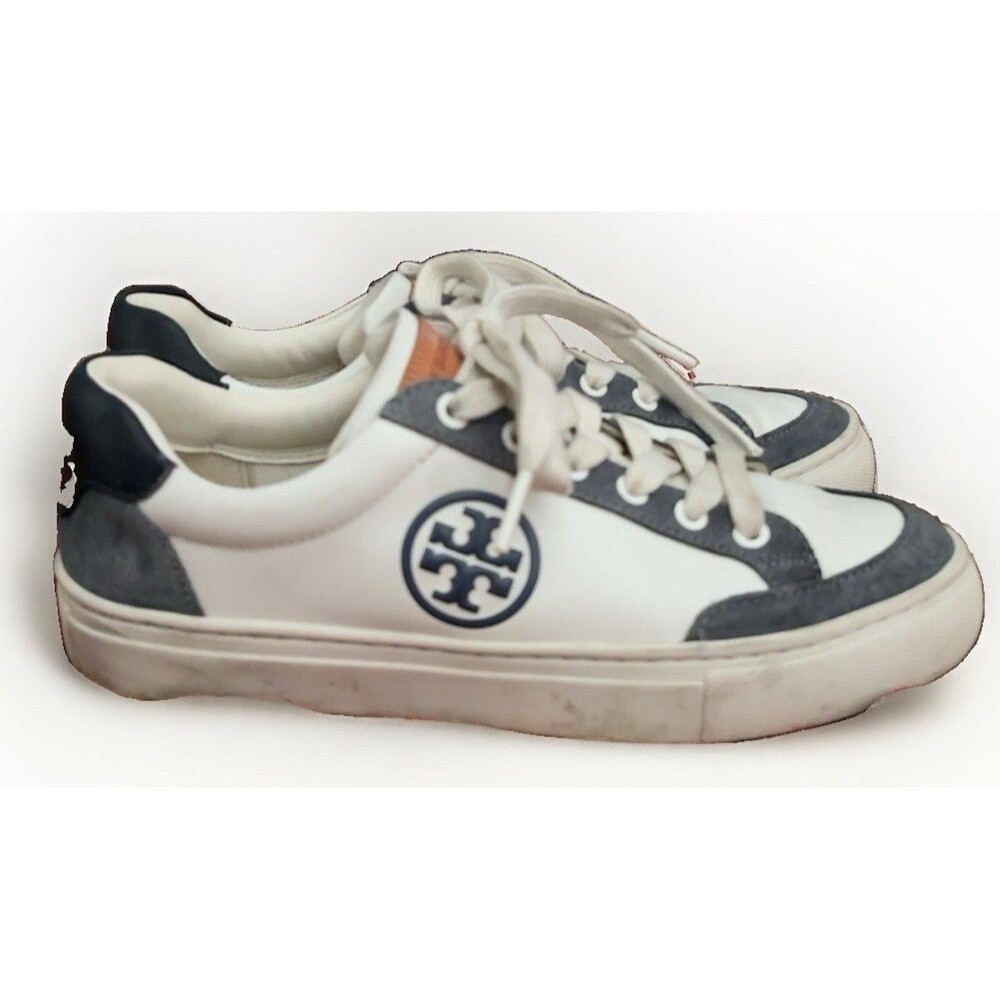 Tory Burch Leather Logo Sneakers Women Size 6 White Gray Navy Suede Low Top 8913